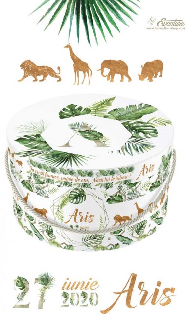 Trusou de botez cu animale gold din jungla si pattern frunze palmier Gold Jungle Tropical 4